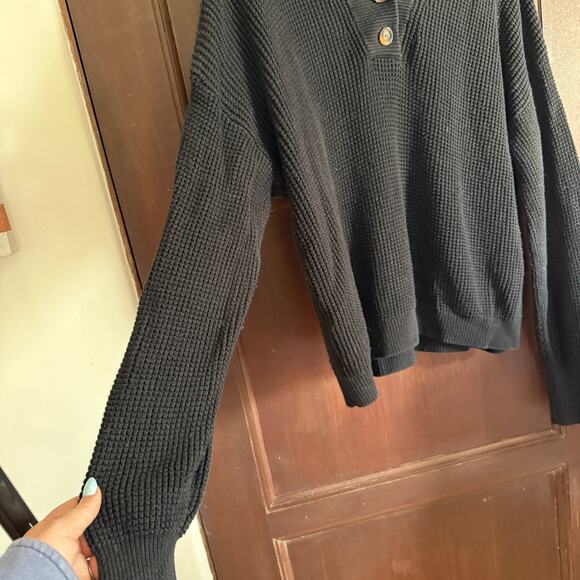 LUNYA | Black Cotton Silk Henley Sweater Chunky Waffle Knit | Medium - Picture 6 of 8